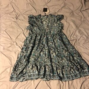 NEW America Beyond teal white grey paisley baby doll dress sz Large NWT